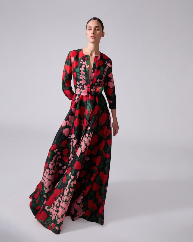 Floral-Print Collarless Trench Gown