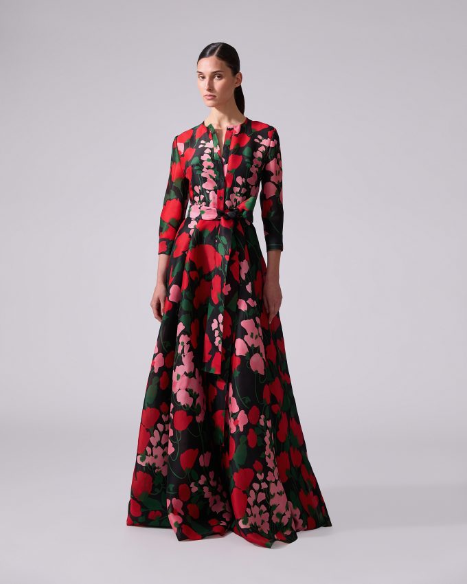 Floral-Print Collarless Trench Gown