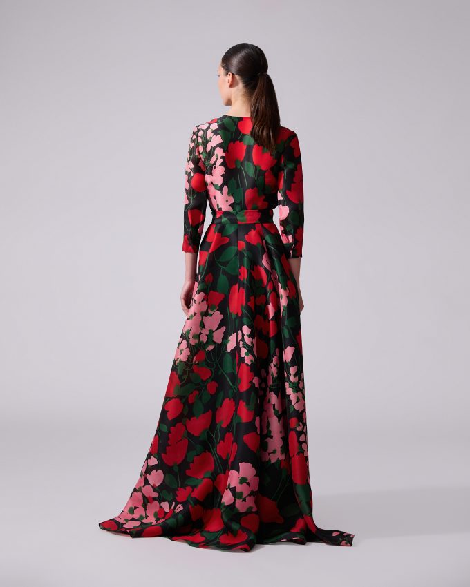 Floral-Print Collarless Trench Gown