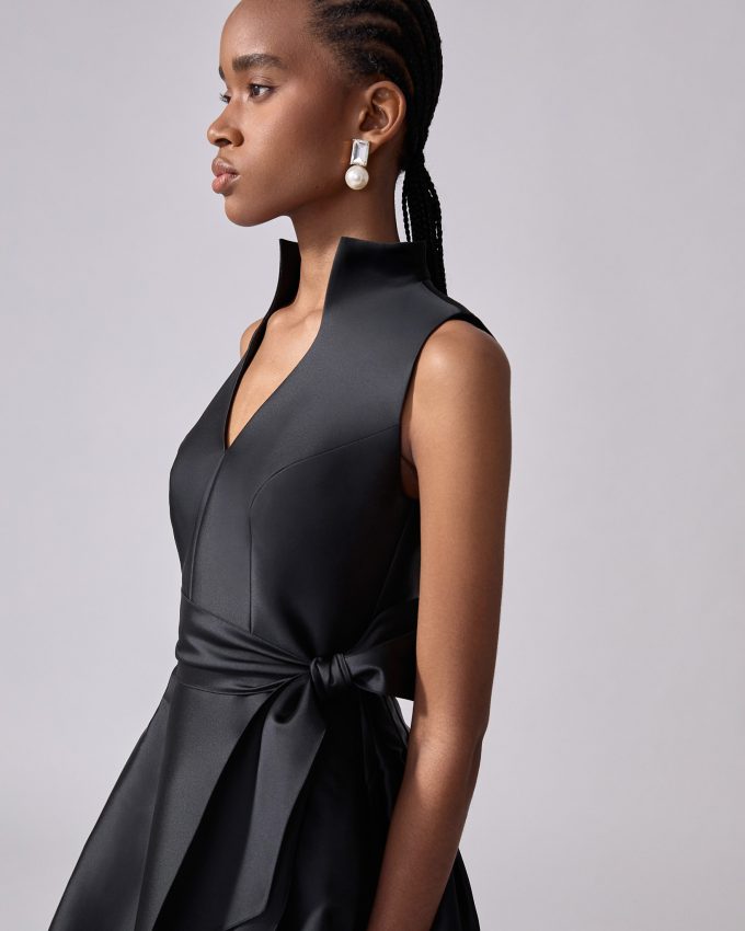 V-neck Gown With Stand Collar And Self Belt