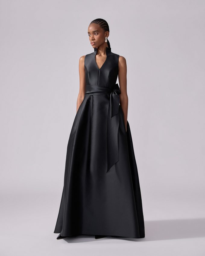 V-neck Gown With Stand Collar And Self Belt