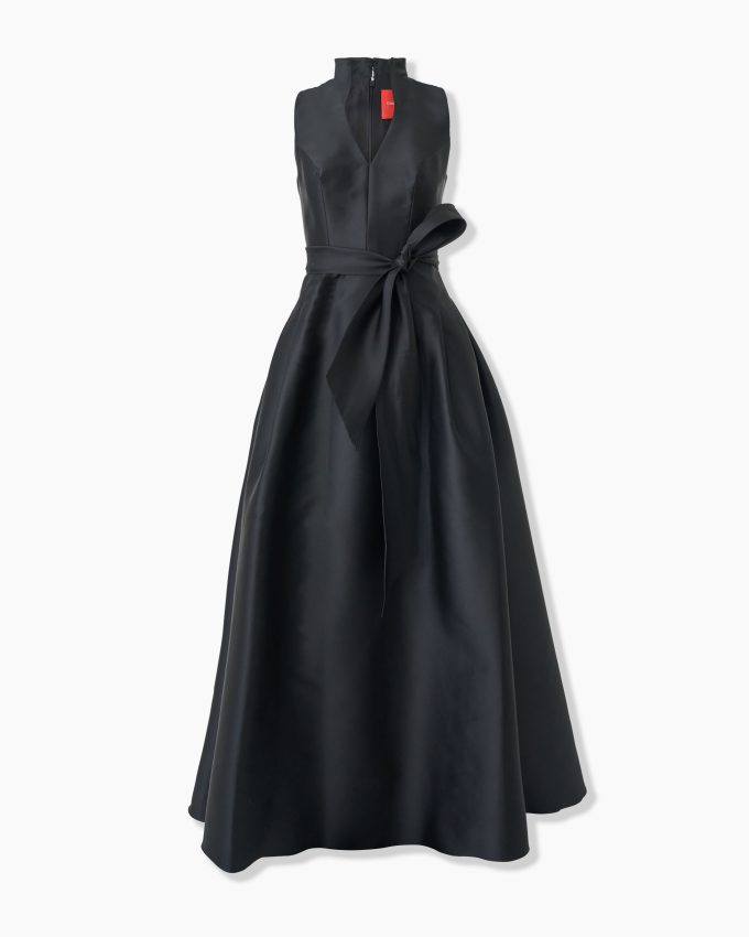 V-neck Gown With Stand Collar And Self Belt