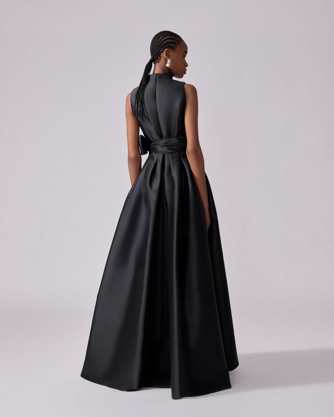 V-neck Gown With Stand Collar And Self Belt