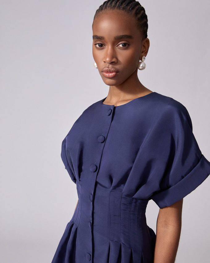 Rolled Sleeves Button-Front Gown