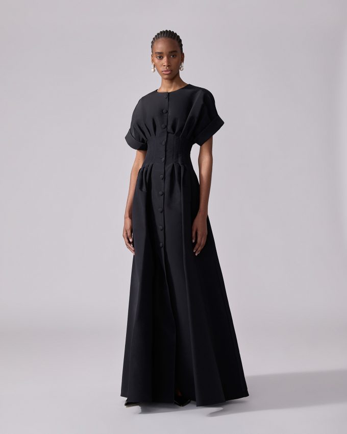 Rolled Sleeves Button-Front Gown