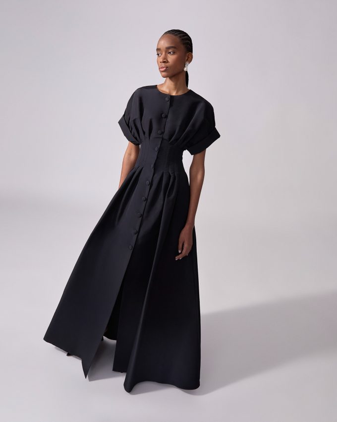 Rolled Sleeves Button-Front Gown
