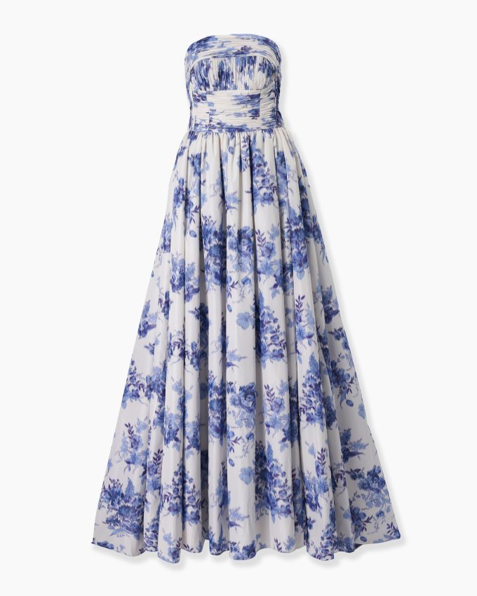 Chiné Floral-Print Strapless Gown