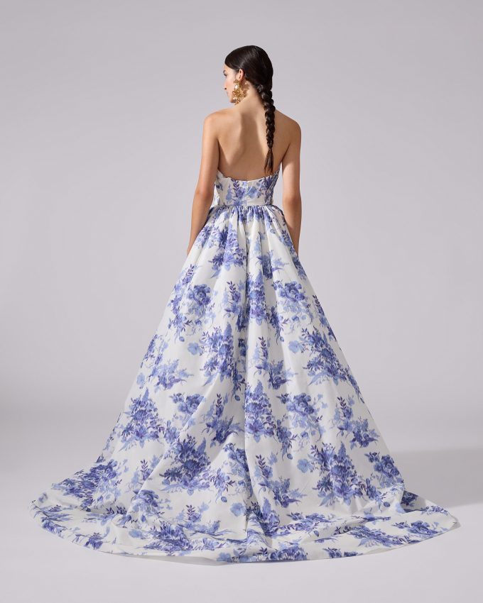 Chiné Floral-Print Strapless Gown