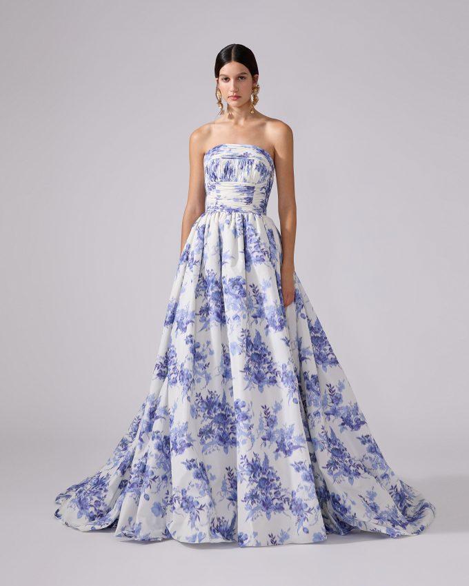 Chiné Floral-Print Strapless Gown
