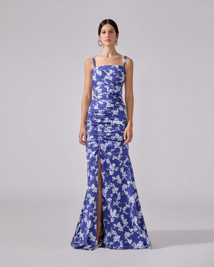 Floral-Print Gathered Gown