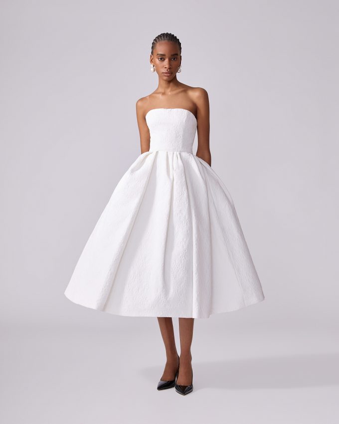 Floral Cloque Strapless Midi Dress