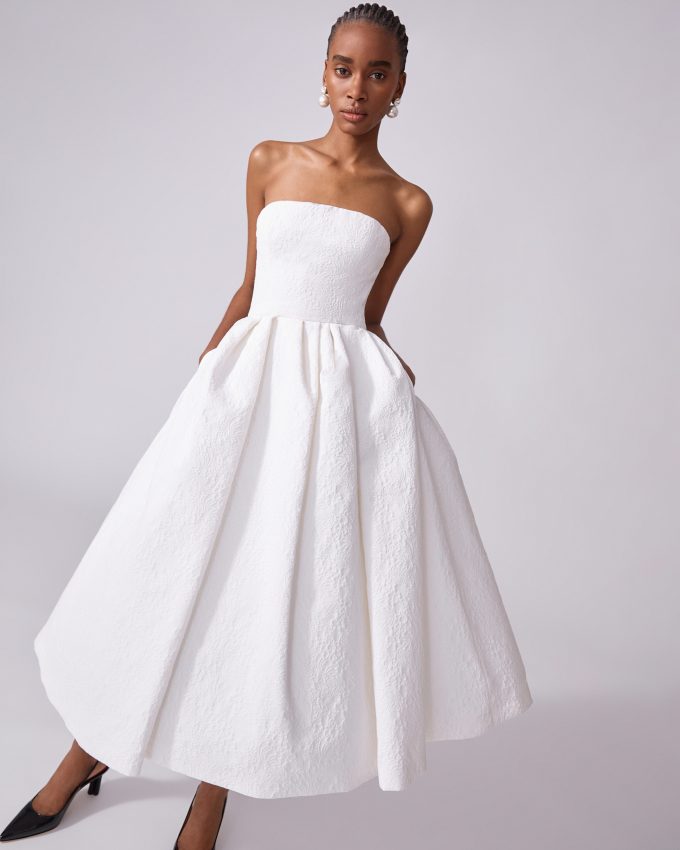 Floral Cloque Strapless Midi Dress