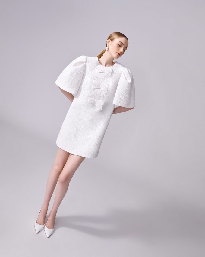 Floral Cloque Mini Dress With Bows