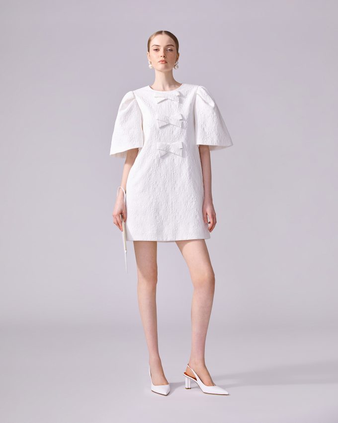 Floral Cloque Mini Dress With Bows