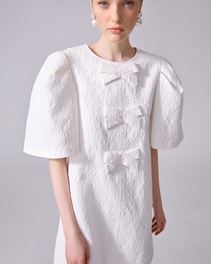 Floral Cloque Mini Dress With Bows