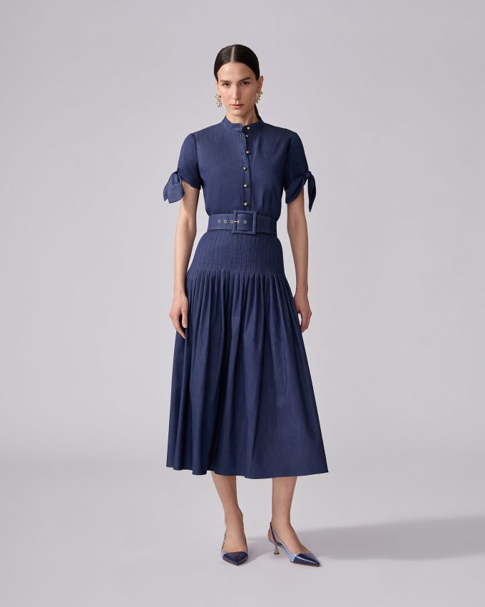 Pleated Denim Midi Skirt