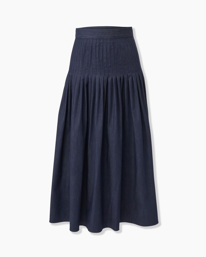 Pleated Denim Midi Skirt