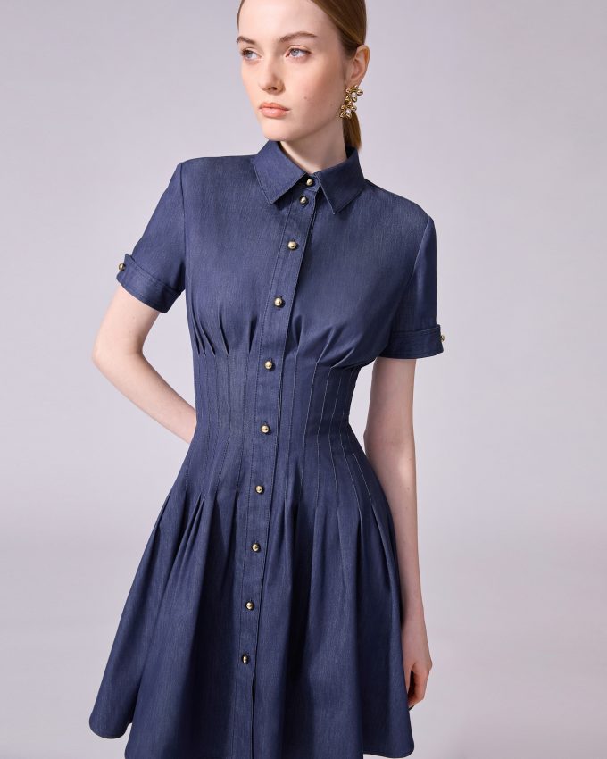 Pleated Denim Mini Dress
