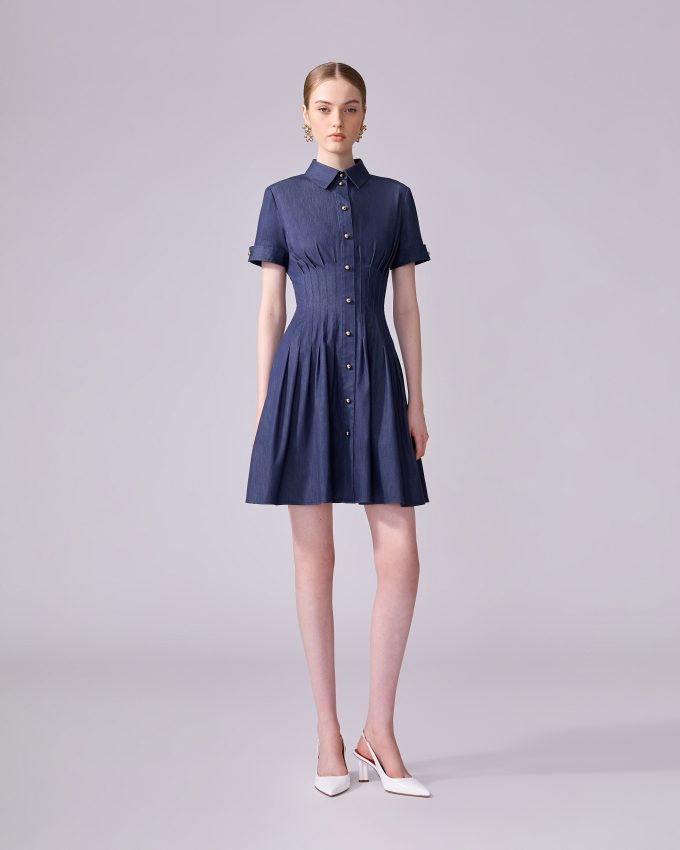 Pleated Denim Mini Dress