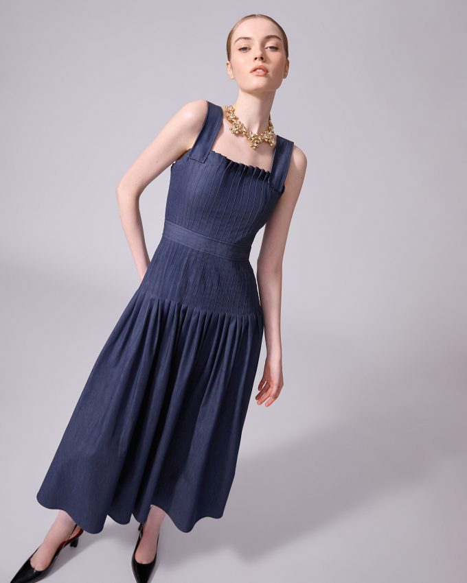 Pleated Denim Midi Dress