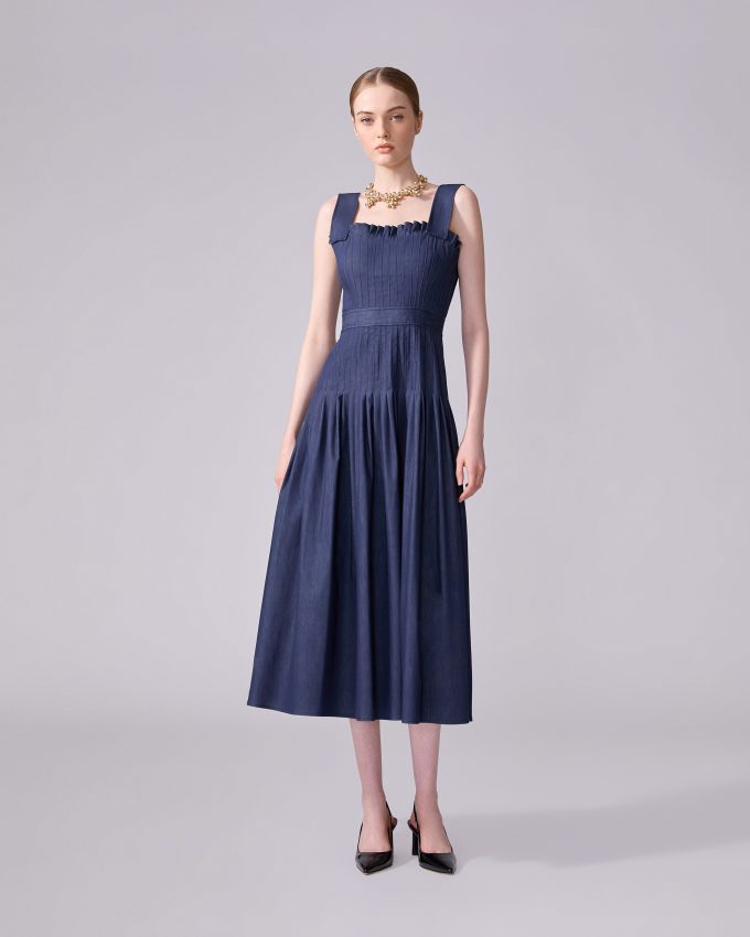 Pleated Denim Midi Dress