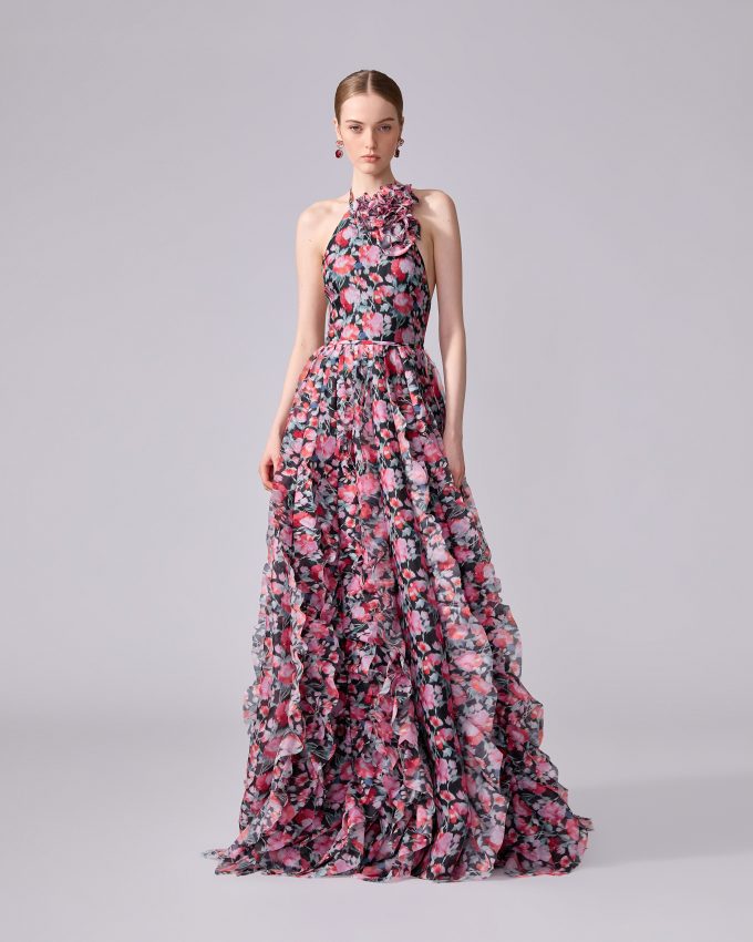 Peony-Print Organza Gown