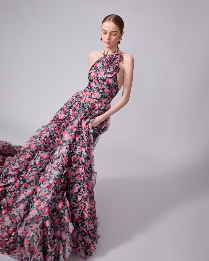 Peony-Print Organza Gown