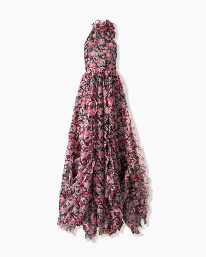 Peony-Print Organza Gown