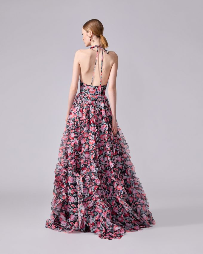 Peony-Print Organza Gown