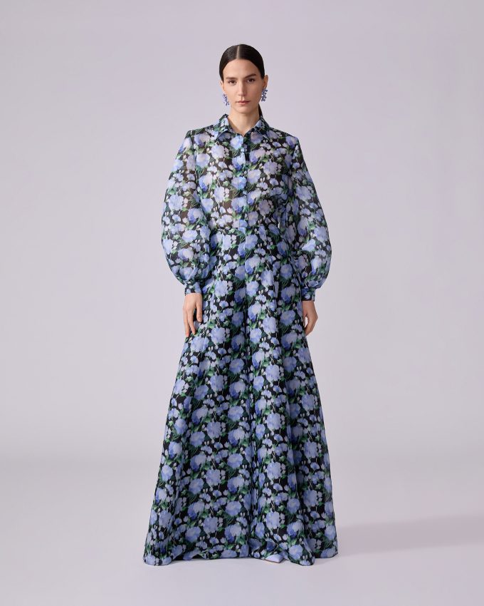 Peony-Print Organza Shirt