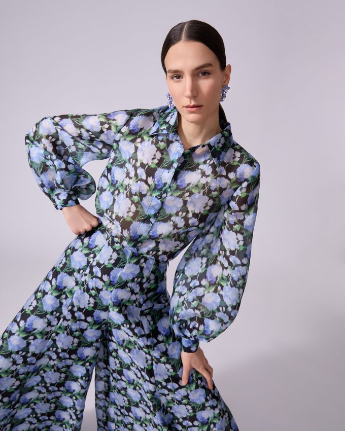 Peony-Print Organza Shirt