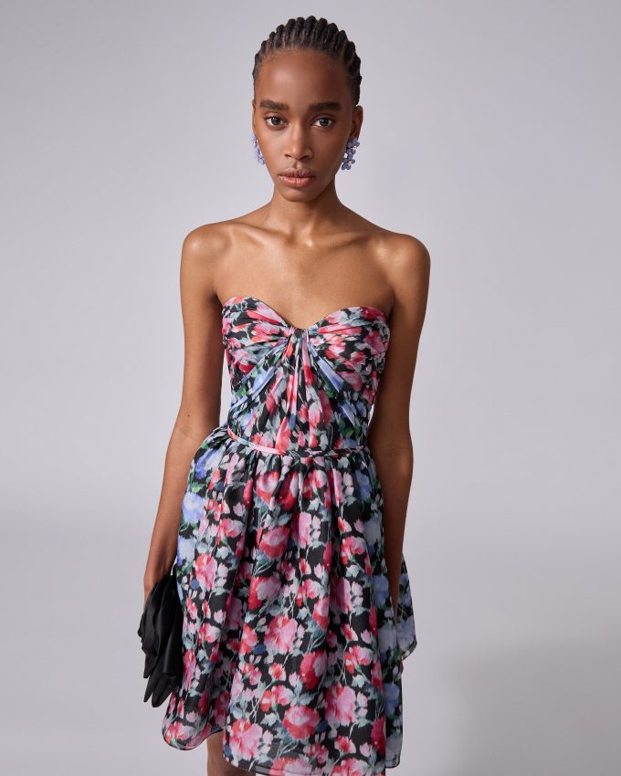 Color-Blocked Peony-Print Mini Dress