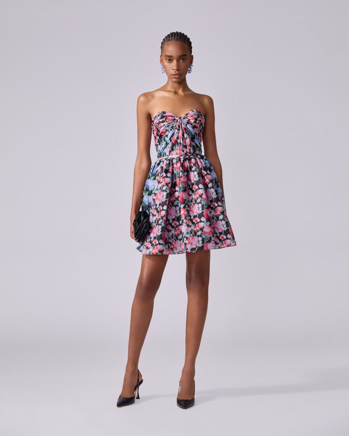 Color-Blocked Peony-Print Mini Dress