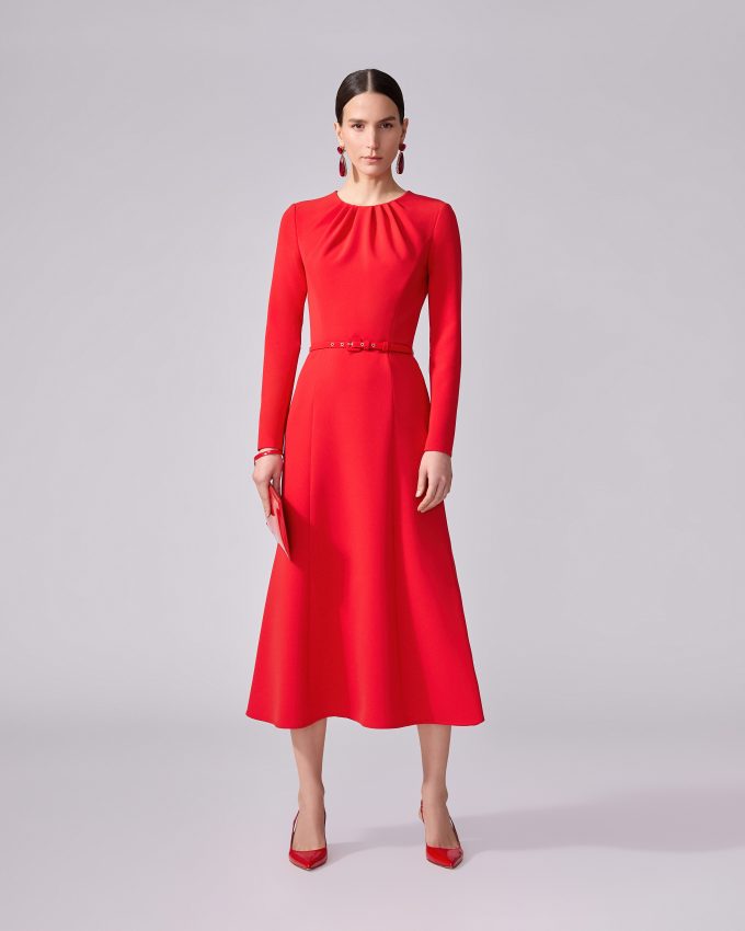 Gathered Midi Dress with Belt
