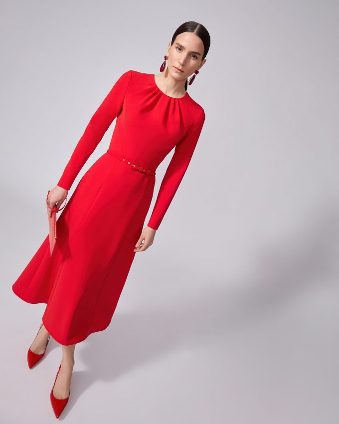 Gathered Midi Dress with Belt