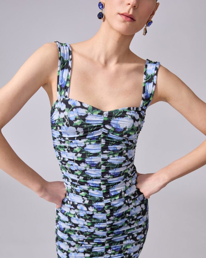 Ruched Peony-Print Dress