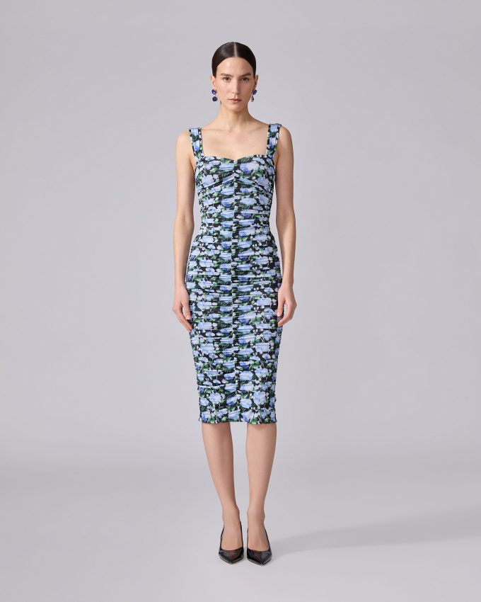 Ruched Peony-Print Dress