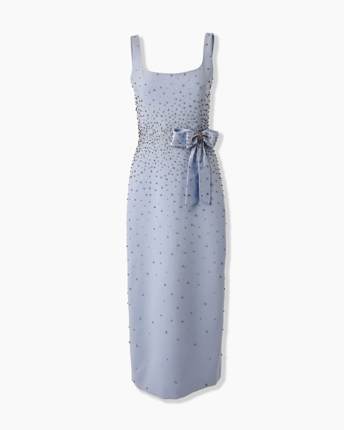 Crystal-Embroidered Midi Dress with Bow