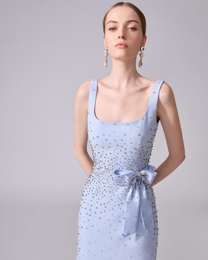 Crystal-Embroidered Midi Dress with Bow