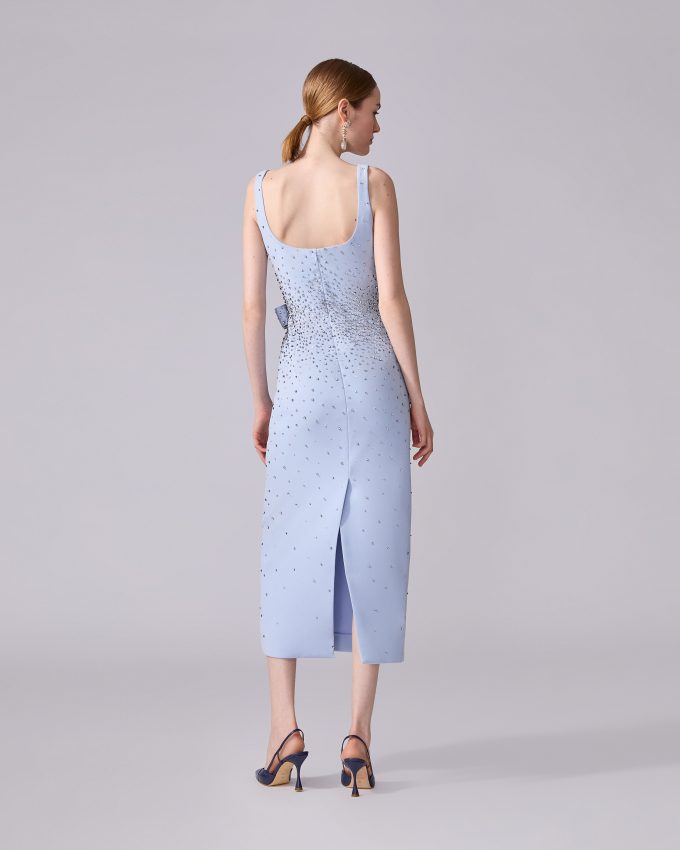Crystal-Embroidered Midi Dress with Bow