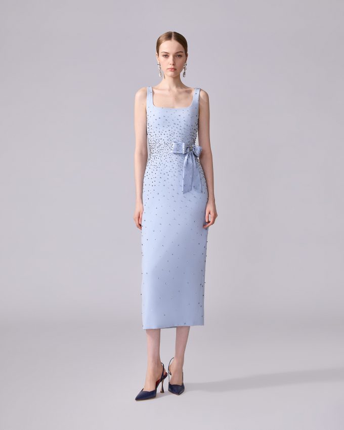 Crystal-Embroidered Midi Dress with Bow