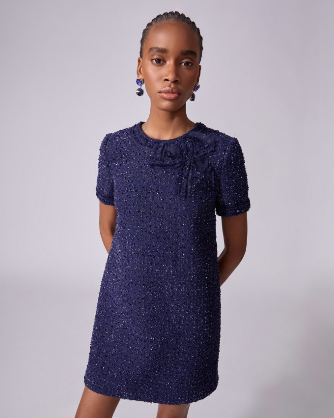 Tweed Shift Dress with Bow
