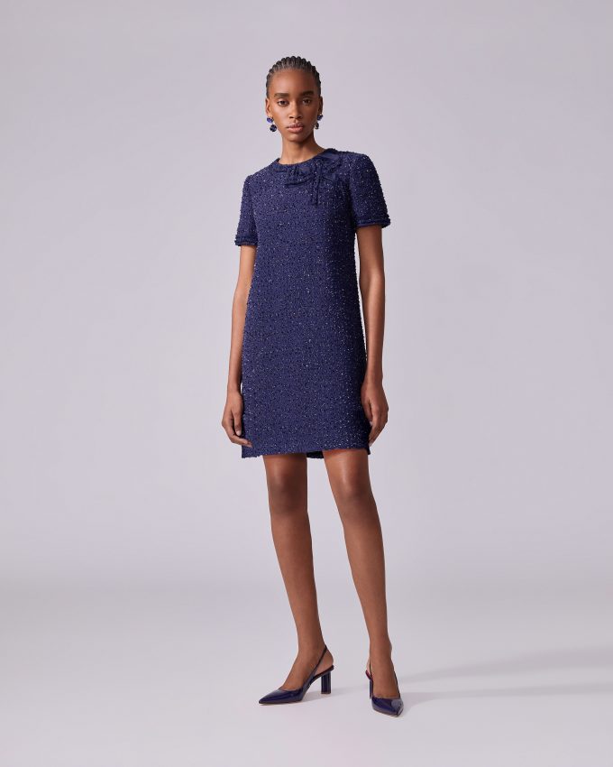 Tweed Shift Dress with Bow