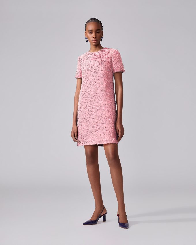Tweed Shift Dress with Bow