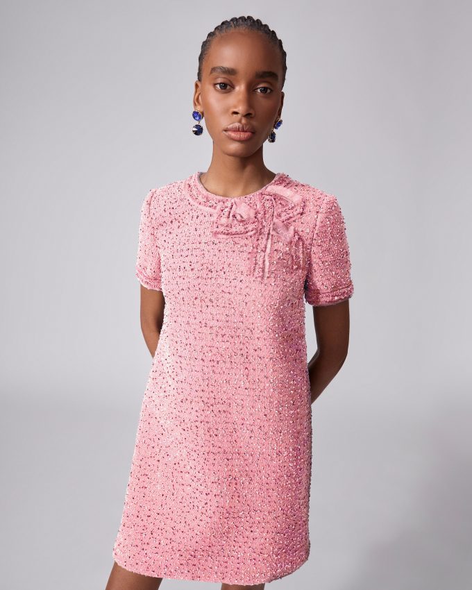 Tweed Shift Dress with Bow