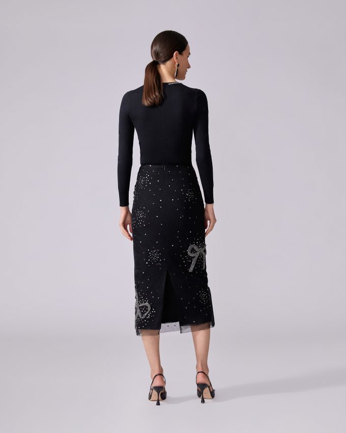 Bow-Embroidered Pencil Skirt