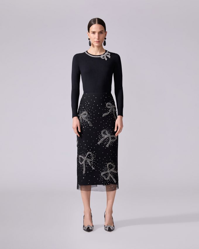 Bow-Embroidered Pencil Skirt