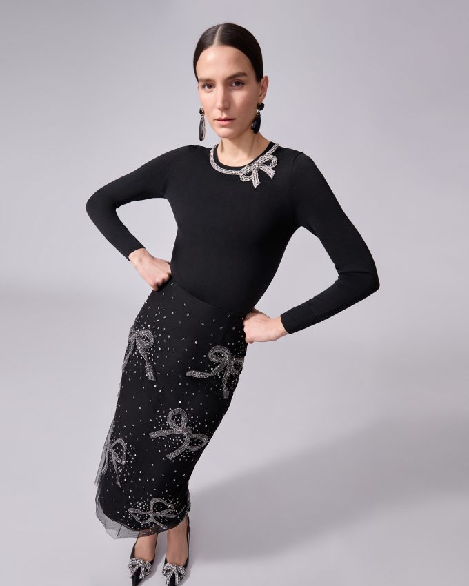 Bow-Embroidered Pencil Skirt