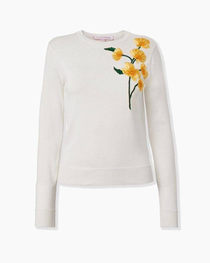 Floral Appliqué Boat-Neck Sweater