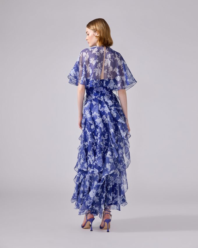 Chiffon Floral-Print Dress with Cape